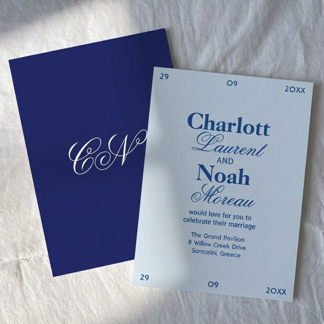 Convites Elegante Casamento Clássico Chic Azul Cobalto (Criador carregado)