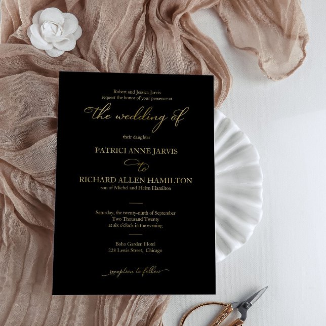 Convites Elegante Casamento Clássico em Preto e Dourado (Criador carregado)
