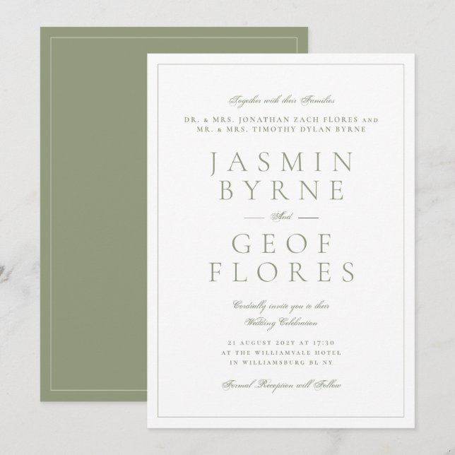 Convites Elegante Casamento Clássico em Verde Musgo e Branc (Frente/Verso)