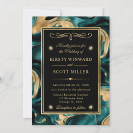 Convites Elegante Casamento com Brilho Dourado e Azul Teal 