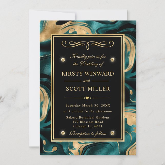 Convites Elegante Casamento com Brilho Dourado e Azul Teal  (Frente)