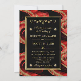 Convites Elegante Casamento com Brilho Dourado e Vermelho D
