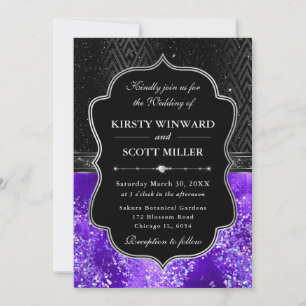 Convites Elegante Casamento com Brilho Preto Prata Roxo
