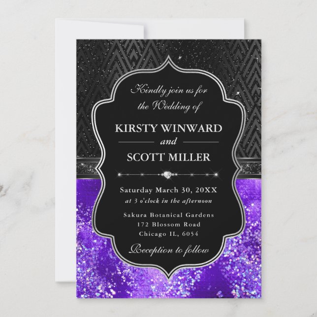 Convites Elegante Casamento com Brilho Preto Prata Roxo (Frente)