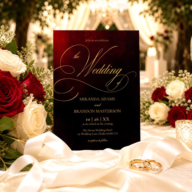 Convites Elegante Casamento com Caligrafia Vermelha Preta e (Criador carregado)
