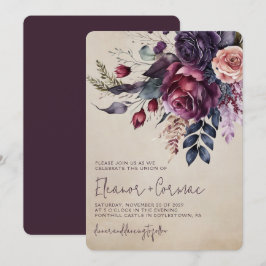 Convites Elegante Casamento com Floral em Burgundy em Aquar