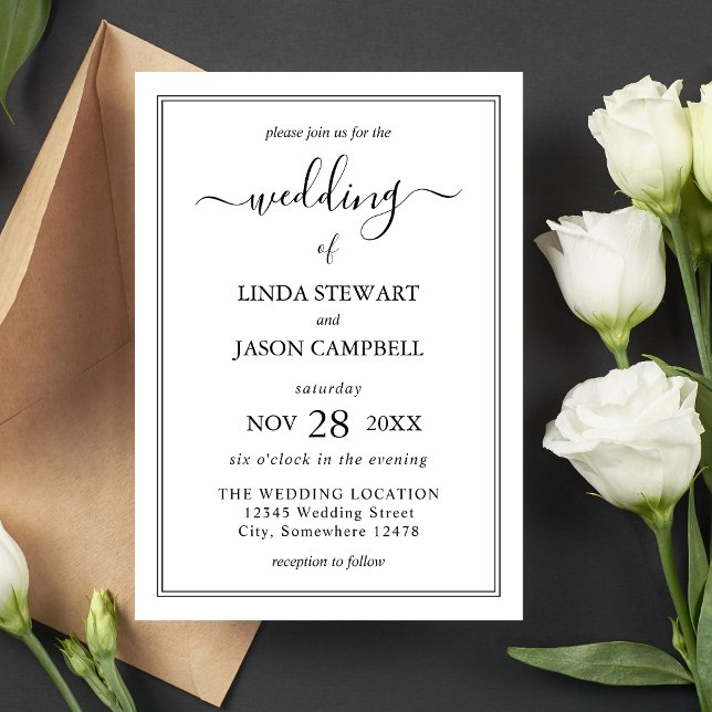Convites Elegante Casamento com Fonte Clássica em Preto e B (Elegant black and white script invitation sets a timeless tone for your wedding day.)