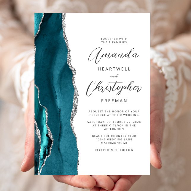 Convites Elegante Casamento com Letra de Ágata Prata Verde- (Criador carregado)