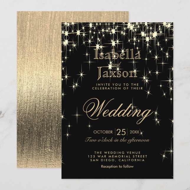 Convites Elegante Casamento com Luzes de Estrelas em Preto  (Frente/Verso)