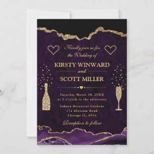 Convites Elegante Casamento de Ágata Brilhante Roxo e Doura