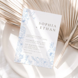 Convites Elegante Casamento de Arte de Linha Floral Azul Fr