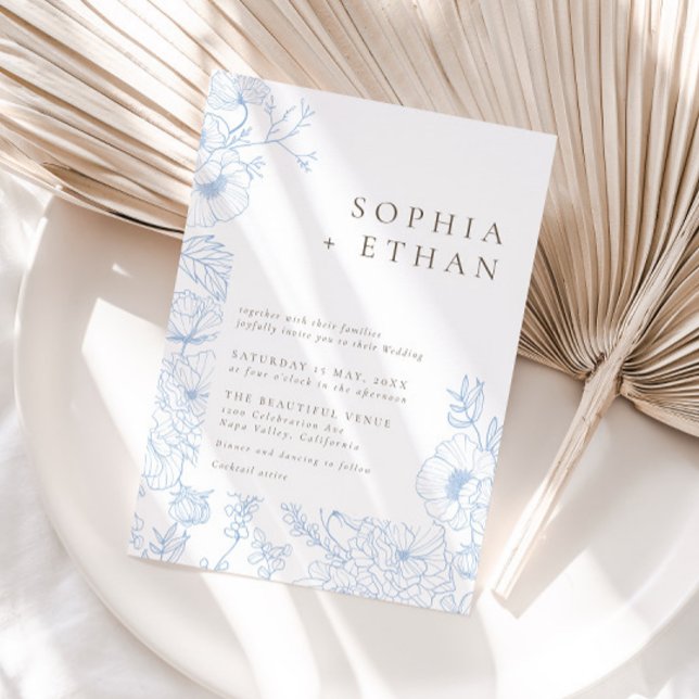 Convites Elegante Casamento de Arte de Linha Floral Azul Fr (Criador carregado)