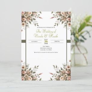 Convites Elegante Casamento de Canto Floral em Verde Oliva 