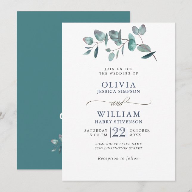 Convites Elegante Casamento de Eucalipto com Aquarela Verde (Frente/Verso)