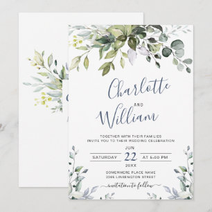 Convites Elegante Casamento de Eucalipto com Aquarela Verde