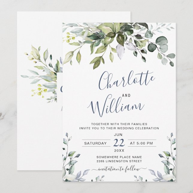 Convites Elegante Casamento de Eucalipto com Aquarela Verde (Frente/Verso)
