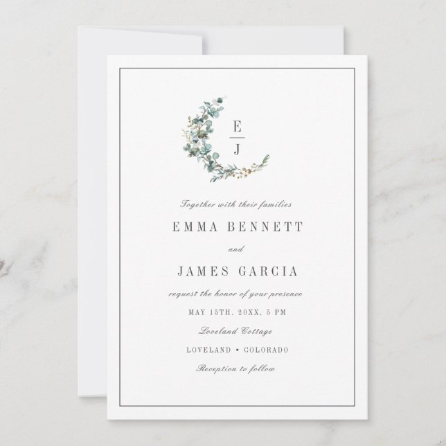Convites Elegante Casamento de Eucalipto em Aquarela (Frente)