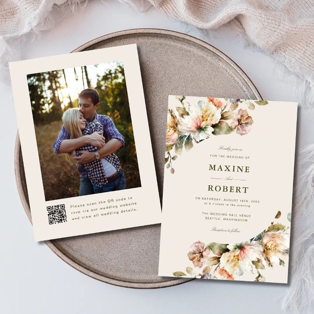 Convites Elegante Casamento de Foto com Código QR Botânico  (Elegant floral botanical QR code photo wedding invitation with elegant botanical charm.)