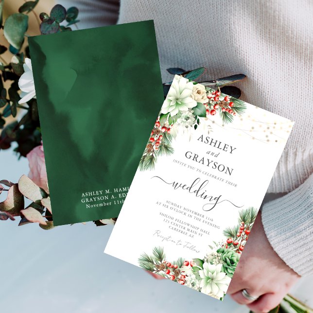 Convites Elegante Casamento de Inverno com Flores Esmeralda (Criador carregado)