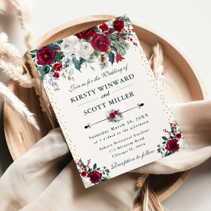 Convites Elegante Casamento de Inverno em Burgundy e Floral