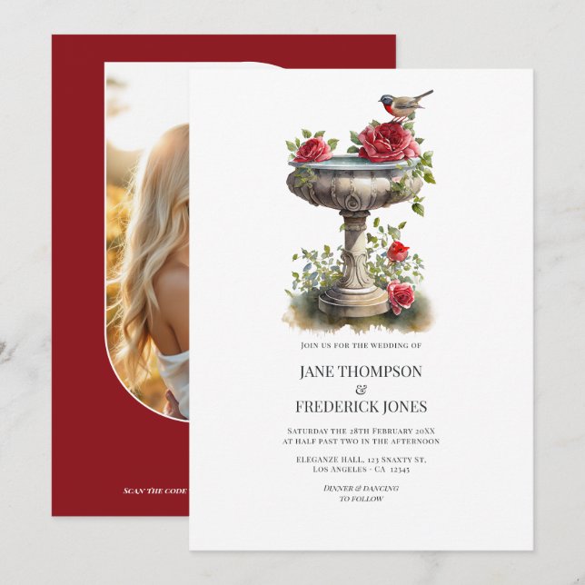 Convites Elegante Casamento de Jardim com Foto e Código QR (Frente/Verso)