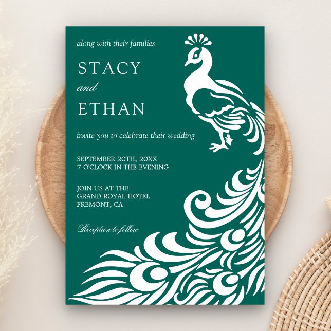 Convites Elegante Casamento de Pavão Verde Mar e Branco (Criador carregado)