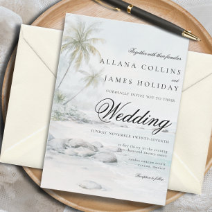Convites Elegante Casamento de Praia com Aquarela de Palmei