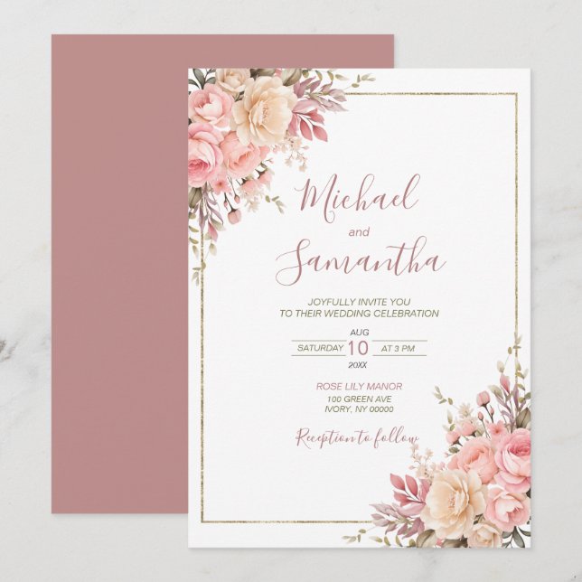 Convites Elegante Casamento de Primavera com Rosa e Marfim (Frente/Verso)