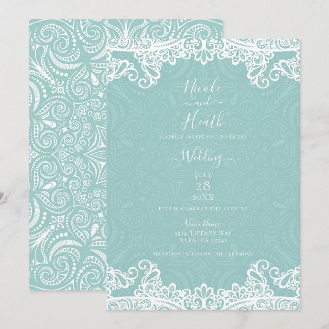 Convites Elegante Casamento de Renda Branca Turquesa Azul-e (Frente/Verso)