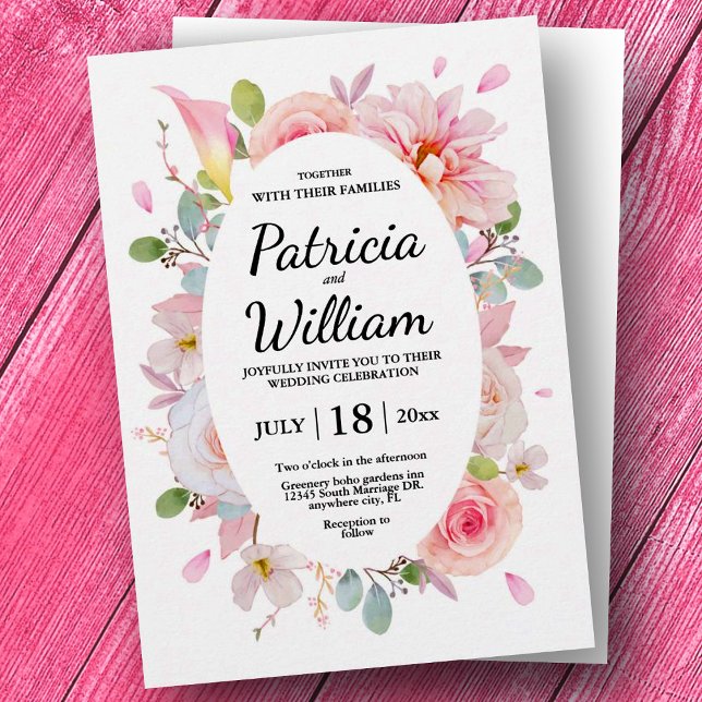 Convites Elegante Casamento de Rosas Florais Rosa (Elegant Floral Pink Roses Wedding Invitation, Save the Date Invitation, Custom Wedding)