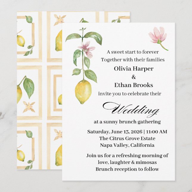 Convites Elegante Casamento de Verão com Flor de Limão Cítr (Frente/Verso)