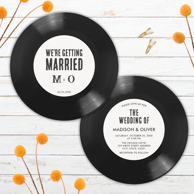 Convites Elegante Casamento de Vinil Preto e Branco Retrô (Front/Back)