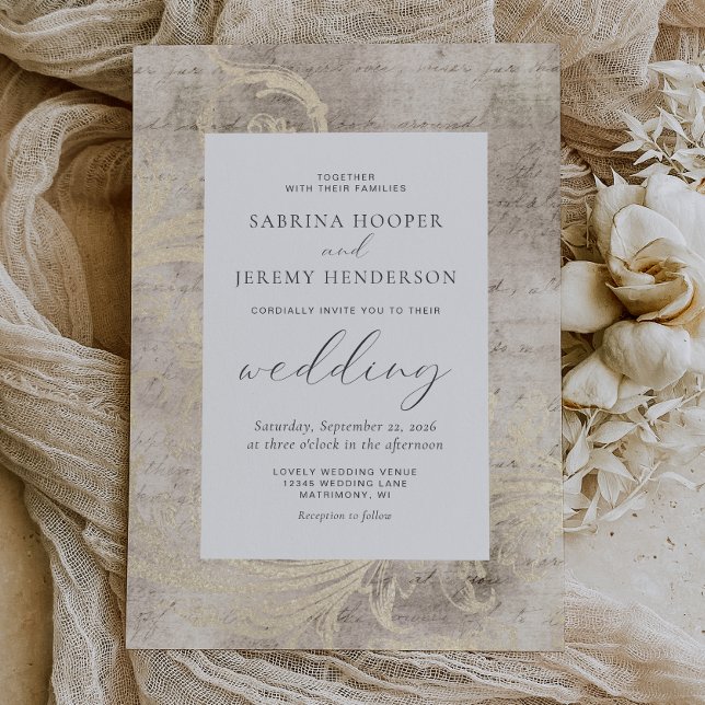 Convites Elegante Casamento Distressado Marfim Antigo (Criador carregado)