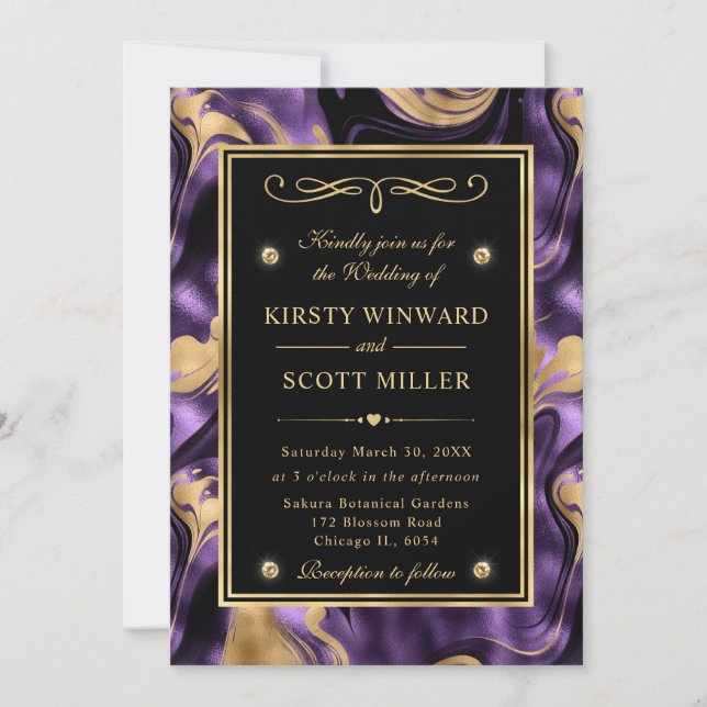 Convites Elegante Casamento Dourado e com Brilho Roxo Derre (Frente)