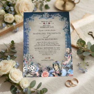 Convites Elegante Casamento Dusty Blue Alice no País das Ma