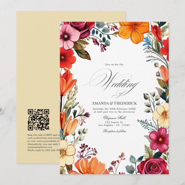 Convites Elegante Casamento Fiesta Floral com Código QR (Frente/Verso)