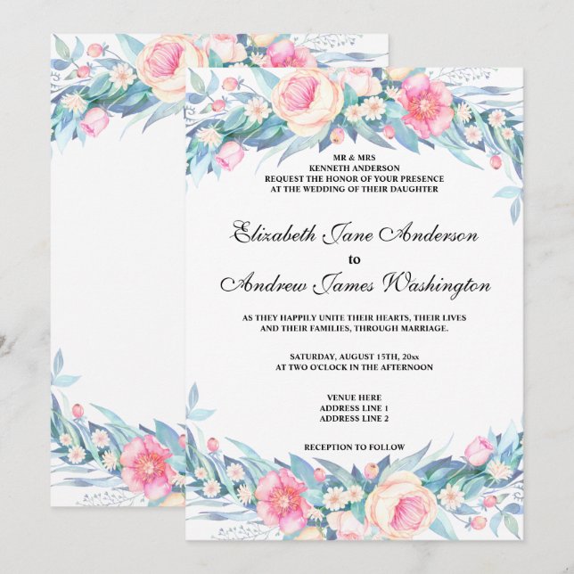 Convites Elegante Casamento Floral Aquarela (Frente/Verso)