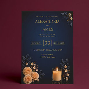 Convites Elegante Casamento Floral Azul Naval Dourado