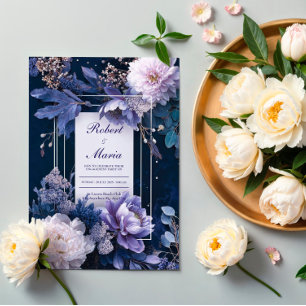 Convites Elegante Casamento Floral Azul Naval Lavanda Branc