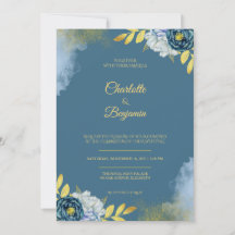 Elegante Casamento Floral Azul Royal Ouro