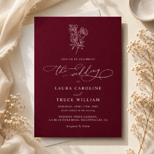 Convites Elegante Casamento Floral Botânico Borgonha