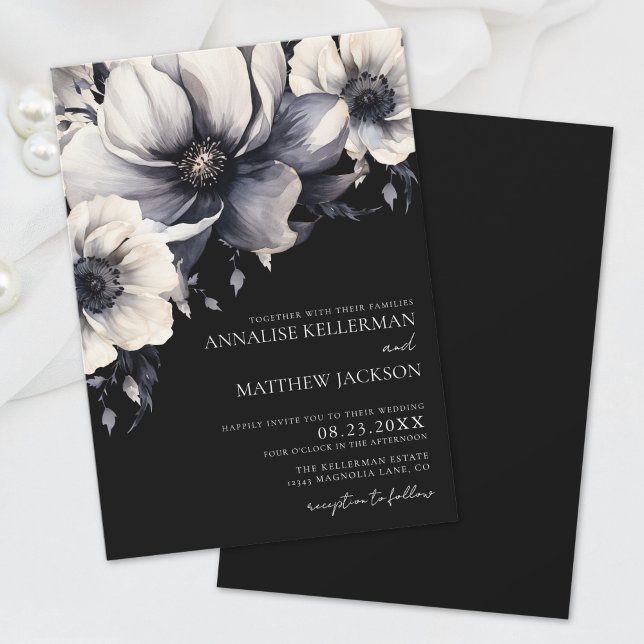 Convites Elegante Casamento Floral Branco Moderno (Elegant Modern White Black Floral Wedding Invitation)