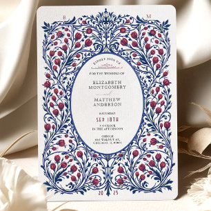 Convites Elegante Casamento Floral Burgundy e Azul Marinho