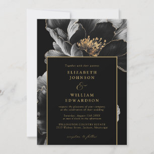 Convites Elegante Casamento Floral Chic Preto e Dourado