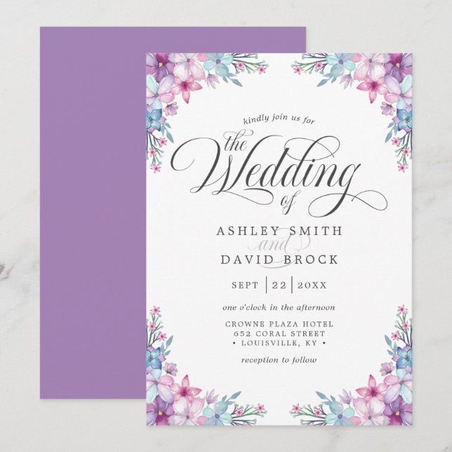 Convites Elegante Casamento Floral com Aquarela Roxa (Frente/Verso)