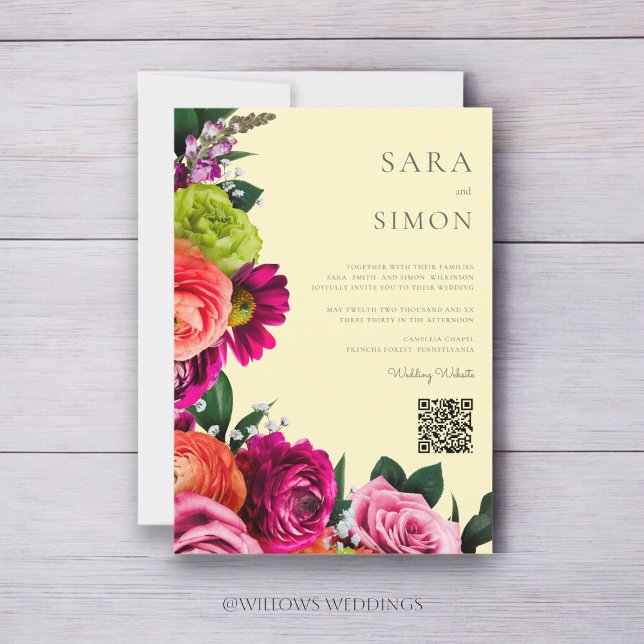 Convites elegante casamento floral com código QR moderno (modern wedding website qr code vibrant florals wedidng invitation )
