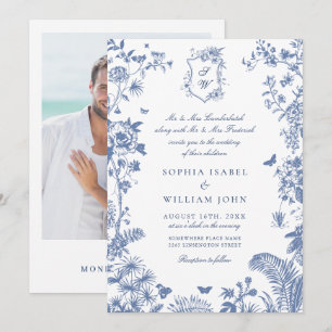 Convites Elegante Casamento Floral de Jardim Francês em Azu
