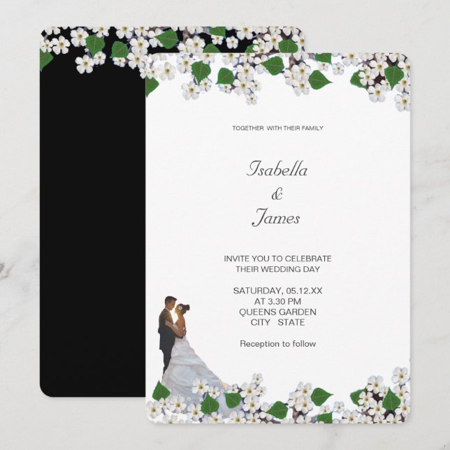 Convites Elegante Casamento Floral de Jasmim Preto e Branco (Frente/Verso)