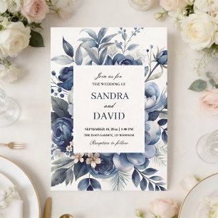 Convites Elegante Casamento Floral de Marinho e Prata Marfi