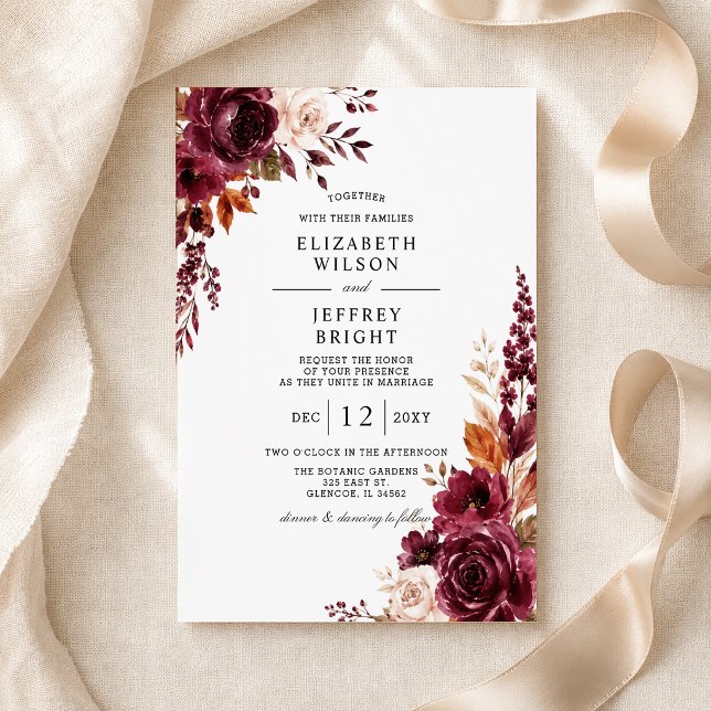 Convites Elegante Casamento Floral de Outono em Borgonha (Elegant Burgundy Fall Floral Wedding Invitation)